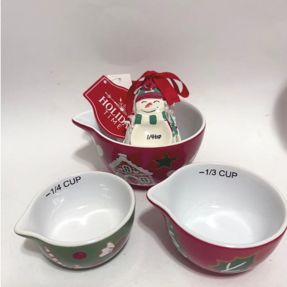 Holiday Time Christmas Ceramic Measuring Cup and Snowman Spoon Set 7pc Red Green